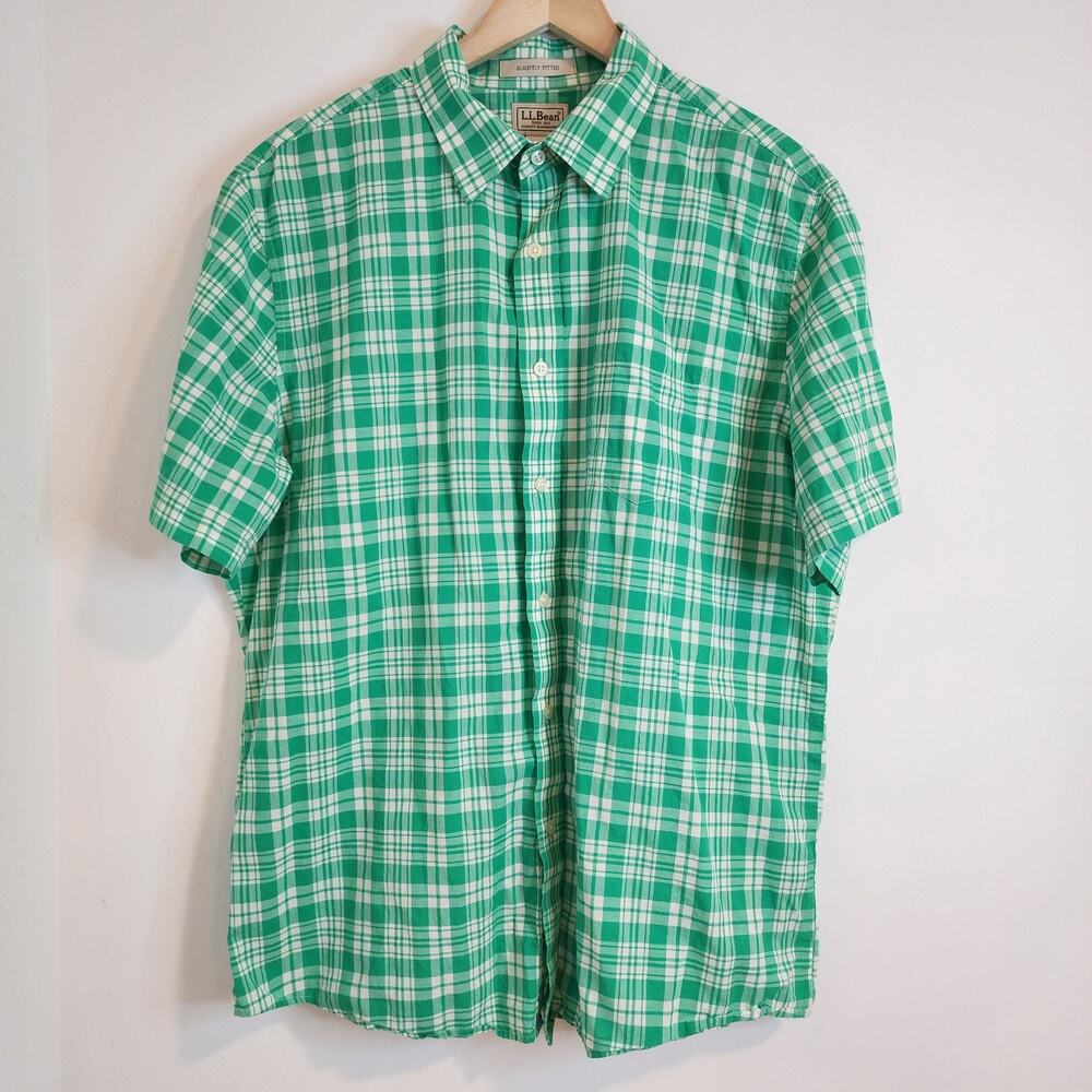 L.L. Bean Slightly Fitted Cotton Mens Large Green Short Sleeve Button Up Shirt